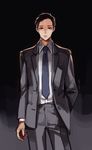  black_background black_hair blue_neckwear buttons closed_mouth collared_shirt fukumoto_(joker_game) gradient gradient_background grey_background grey_jacket grey_pants hand_in_pocket highres jacket joker_game male_focus necktie pants pinkiepies2 pocket shirt short_hair simple_background sketch standing white_shirt 