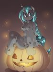  abstract_background anthro big_breasts black_fur blue_eyes blue_hair braided_hair breasts changeling clitoris fan_character female food freedomthai fruit fur hair halloween hi_res holidays hooves horn jack-o&#039;-lantern long_hair looking_at_viewer my_little_pony navel nipples pumpkin pussy raised_arm simple_background single_braid sitting smile solo 