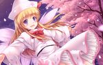  :d blonde_hair bow capelet cherry_blossom_print cherry_blossoms commentary_request eyebrows_visible_through_hair fairy_wings hat highres lily_white long_hair looking_at_viewer lzh open_mouth outdoors outstretched_arms petals purple_eyes smile solo spread_arms touhou tree wide_sleeves wings 