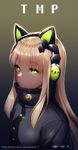  absurdres artist_name bangs black_coat blonde_hair cat_ear_headphones character_name close-up closed_mouth expressionless eyebrows_visible_through_hair face girls_frontline gradient gradient_background green_eyes grey_background headphones highres long_hair looking_at_viewer sidelocks solo tmp_(girls_frontline) turtleneck upper_body watermark web_address y.i._(lave2217) 