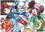  1boy 1girl baseball_cap blue_jacket brown_eyes brown_hair closed_mouth commentary_request double_bun doughnut_hair_bun green_eyes hair_bun hat highres hilbert_(pokemon) holding holding_poke_ball jacket long_hair long_sleeves oshawott poke_ball poke_ball_(basic) pokemon pokemon_(creature) pokemon_(game) pokemon_bw pokemon_bw2 raglan_sleeves red_headwear rosa_(pokemon) shirt short_hair shorts smile snivy starter_pokemon_trio sutokame tepig twintails visor_cap white_headwear yellow_shorts 