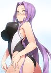  armpit_peek ass bare_arms bare_shoulders black_swimsuit blush breasts competition_swimsuit covered_nipples cowboy_shot fate/stay_night fate_(series) from_side glasses hair_intakes large_breasts long_hair looking_at_viewer looking_to_the_side nose_blush one-piece_swimsuit pink_eyes purple_hair rider solo sweat swimsuit twitter_username very_long_hair yanagi_(tsukiakari) 