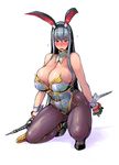  alternate_costume animal_ears bangs bare_shoulders black_gloves black_legwear blush breasts bunny_ears bunnysuit cleavage commentary_request detached_collar fake_animal_ears full_body gloves holding holding_weapon huge_breasts long_hair looking_at_viewer nose_blush one_knee open_mouth pantyhose red_eyes selvaria_bles senjou_no_valkyria silver_hair solo tsuda_nanafushi very_long_hair weapon wrist_cuffs 