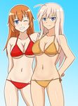  2girls bikini blonde_hair blue_eyes blush breasts brown_hair charlotte_e_yeager groin hachimitsu-b hanna-justina_marseille large_breasts multiple_girls navel one_eye_closed red_bikini strike_witches swimwear world_witches_series yellow_bikini 