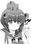  bangs binoculars closed_mouth commentary_request dress eyebrows_visible_through_hair frown greyscale jitome kantai_collection long_hair looking_at_another looking_at_viewer looking_back monochrome multiple_girls neckerchief parted_lips sailor_dress shimakaze_(kantai_collection) short_hair smile speaking_tube_headset standing tk_(takotsuboya) triangle_mouth upper_body yukikaze_(kantai_collection) 
