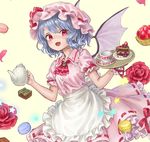  ama-tou apron ascot bangs bat_wings blue_hair broom buttons cake chocolate chocolate_cake cup fang flower food fruit hat hat_ribbon holding looking_at_viewer macaron mob_cap open_mouth pink_hat pink_wings puffy_short_sleeves puffy_sleeves red_eyes red_flower red_ribbon red_rose remilia_scarlet ribbon ribbon-trimmed_skirt ribbon-trimmed_sleeves ribbon_trim rose short_hair short_sleeves skirt skirt_set smile solo strawberry teacup teapot touhou tray waist_apron wings wrist_cuffs yellow_background 