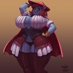  2016 anthro big_breasts blue_skin breasts cape clothed clothing corset digital_media_(artwork) earth_pony equine fan_character female gloves gradient_background hair hand_on_hip hat hi_res horse huge_breasts kevinsano legwear lingerie looking_at_viewer mammal my_little_pony panties pink_hair pony ruby_blossom simple_background smile solo stockings thick_thighs underwear 