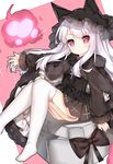  animal_hat arm_support azur_lane bangs black_bow black_cloak black_dress black_neckwear bow bowtie cat_hat chinese_commentary cloak closed_mouth commentary_request corset cross cross_necklace cross_print dress erebus_(azur_lane) eyebrows_visible_through_hair fingernails frilled_hat frills fur-trimmed_cloak garter_straps hat head_tilt heart jewelry long_hair long_sleeves looking_at_viewer machinery necklace no_shoes outstretched_arm print_dress puffy_long_sleeves puffy_sleeves red_eyes sidelocks silver_hair sitting solo sparkle tareme tengxiang_lingnai thighhighs white_legwear 