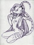  anthro areola breasts female hair king-cheetah lizard long_hair monochrome navel nipples nude reptile scalie simple_background sitting sketch small_breasts smile solo spots teela_smothers white_background 