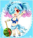  alternate_costume artist_name bikini bikini_top blush bow bracelet breasts chibi cleavage fang fire_emblem fire_emblem_heroes fire_emblem_if food fruit full_body hair_over_one_eye jewelry large_breasts long_hair momosemocha navel orange_eyes pieri_(fire_emblem_if) sandals solo swimsuit twintails watermelon 