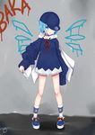 1girl absurdres bad_id bad_pixiv_id baseball_cap blue_eyes blue_footwear blue_hair bow choker cirno dress earrings food full_body hair_ornament hat highres holding hood hoodie jewelry long_sleeves looking_at_viewer popsicle red_string sei_ichi_(shiratamamikan) shoe_bow shoes short_dress short_hair smile socks solo standing string touhou white_legwear 