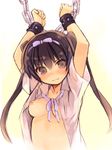  3: arms_up bangs blush bow breasts brown_eyes brown_hair chain closed_mouth collarbone cuffs dress_shirt eyebrows_visible_through_hair hair_between_eyes hair_bow hair_ribbon kurasuke long_hair looking_at_viewer medium_breasts nipples open_clothes open_shirt purple_bow purple_ribbon ribbon shackles shirt short_sleeves sidelocks solo twintails upper_body v-shaped_eyebrows 