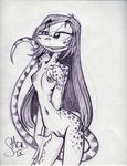  anthro areola breasts female hair king-cheetah lizard long_hair monochrome navel nipples nude pussy reptile scalie simple_background sketch small_breasts smile solo spots standing teela_smothers 