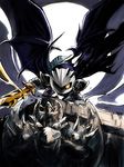  armor aura galaxia_(sword) gargoyle highres kirby_(series) landia looking_at_viewer male_focus mask meta_knight moon msmsm002 night sculpture shoulder_pads solo sword weapon wings yellow_eyes 