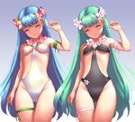  ^_^ arin arm_at_side ass_visible_through_thighs black_swimsuit blue_hair blue_swimsuit breasts closed_eyes closed_mouth cowboy_shot floral_print gradient gradient_background green_hair groin head_wreath highleg highleg_swimsuit kamdia long_hair medium_breasts multiple_views one-piece_swimsuit pangya smile swimsuit thigh_gap thigh_strap very_long_hair 