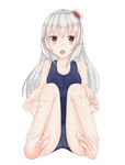  1girl barefoot blush feet hair_flower kantai_collection long_hair looking_at_viewer open_mouth red_eyes school_swimsuit shiromoi silver_hair sitting soles swimsuit toes 