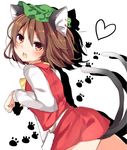  :o animal_ears bangs blush brown_eyes brown_hair cat_ears cat_tail chen cowboy_shot earrings eyebrows_visible_through_hair fang from_side green_hat hair_between_eyes hat heart highres jewelry karasusou_nano long_sleeves looking_at_viewer mob_cap multiple_tails open_mouth paw_print red_skirt short_hair simple_background skirt skirt_set solo tail touhou two_tails v-shaped_eyebrows white_background 