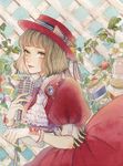  blue_background brooch corset cravat dress eyelashes flower food fruit gloves hat hat_ribbon highres jar jewelry light_brown_hair light_smile looking_at_viewer microphone original paint paint_tube paintbrush plant red_dress red_hat red_lips remon_(10112) ribbon short_hair solo strawberry striped striped_ribbon traditional_media trellis vines watercolor_(medium) white_gloves yellow_eyes 