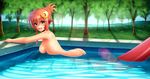  absurdres ass blacksaikou blush breasts day fang forest from_side hair_ornament hairclip highres lamia large_breasts lens_flare long_hair looking_at_viewer miia_(monster_musume) monster_girl monster_musume_no_iru_nichijou nature open_mouth outdoors partially_submerged pointy_ears pool red_hair revision scales shiny shiny_skin slit_pupils smile solo tree very_long_hair water yellow_eyes 