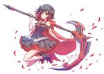 adapted_costume bandolier black_dress black_hair cape commentary_request corset crescent_rose dress full_body holding holding_weapon iesupa jumping lace lace-trimmed_dress looking_at_viewer petals ruby_rose rwby scythe short_hair sleeveless solo weapon 