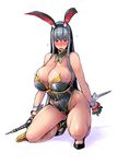  alternate_costume animal_ears bangs bare_shoulders black_gloves blush breasts bunny_ears bunnysuit cleavage commentary_request detached_collar fake_animal_ears full_body gloves holding holding_weapon huge_breasts long_hair looking_at_viewer nose_blush one_knee open_mouth red_eyes selvaria_bles senjou_no_valkyria silver_hair solo sweat tsuda_nanafushi very_long_hair weapon wrist_cuffs 