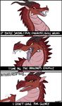  ausgoth comic dialogue dragon english_text female horn kestrel_(wings_of_fire) membranous_wings nose_horn open_mouth red_scales scales scalie sharp_teeth simple_background skywing solo teeth text white_background wings wings_of_fire 