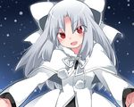  bow capelet commentary_request hair_bow hammer_(sunset_beach) jacket long_hair looking_at_viewer melty_blood open_mouth outstretched_arms red_eyes ribbon slit_pupils smile snow solo tsukihime upper_body white_hair white_jacket white_len 