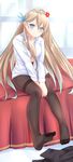 anger_vein black_legwear blonde_hair blue_eyes breasts cang_se_ye_hua commentary_request crotch_seam feet hand_on_lap headband highres lexington_(cv-16)_(zhan_jian_shao_nyu) long_hair looking_at_viewer medium_breasts navel no_shoes on_bed pantyhose sitting sitting_on_bed soles solo thighband_pantyhose unbuttoned unbuttoned_shirt zhan_jian_shao_nyu 
