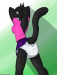  anthro black_fur cat clothing diaper feline female fur immelmann looking_at_viewer mammal skirt smile solo standing yellow_eyes 