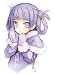  bangs blush capelet character_request copyright_request cupping_hands eyebrows_visible_through_hair fur_trim hair_rings half-closed_eyes hands_up kurasuke looking_at_viewer mittens open_mouth purple_eyes purple_hair sidelocks simple_background solo upper_body white_background 