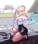  aircraft airplane artist_name blonde_hair blue_eyes blurry blurry_background breasts cecilia_(pangya) cleavage depth_of_field garrison_cap glasses golf_club hat high_heels highres holographic_interface holographic_touchscreen kamdia large_breasts legs long_sleeves looking_at_viewer medal no_socks one_knee pangya parted_lips pencil_skirt semi-rimless_eyewear shirt shoes silhouette skirt solo thighs under-rim_eyewear 