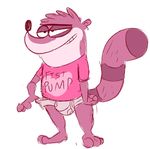 anthro barefoot briefs bulge cartoon_network clothing english_text flat_colors full-length_portrait hi_res male mammal portrait raccoon regular_show rigby_(regular_show) shirt simple_background sketch smile solo t-shirt text the-alfie-incorporated underwear underwear_pull white_background 