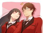  1girl black_hair blush brown_hair eyebrows_visible_through_hair heart jabami_yumeko kakegurui leaning_on_person long_hair loose_necktie necktie red_eyes red_suit school_uniform smile surprised suzui_ryouta translated uji_matcha 