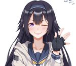  absurdres black_hair blush character_name commentary_request dated fingerless_gloves girls_frontline gloves highres hood hooded_jacket jacket long_hair looking_at_viewer one_eye_closed purple_eyes simple_background smile solo super_sass_(girls_frontline) waving zui_ai_shuang_mawei 