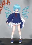  1girl absurdres blue_eyes blue_footwear blue_hair bow choker cirno dress earrings food full_body hair_ornament hairclip highres holding hood hoodie jewelry long_sleeves looking_at_viewer popsicle red_string sei_ichi_(shiratamamikan) shoe_bow shoes short_dress short_hair socks solo standing string touhou white_legwear 