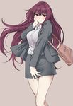  alternate_costume bag blush breasts closed_mouth collared_shirt fate/grand_order fate_(series) formal grey_jacket grey_skirt hand_on_leg hand_on_own_cheek handbag highres jacket large_breasts long_hair long_sleeves open_clothes open_jacket pencil_skirt purple_background purple_hair red_eyes scathach_(fate)_(all) scathach_(fate/grand_order) shirt simple_background skirt skirt_suit solo suit white_shirt yoshiki360 