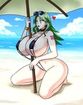  1girl areola_slip areolae artist_name beach between_breasts bikini bracelet breasts choker cloud devil-v earrings green_eyes green_hair heart huge_breasts jewelry kneeling lamia_loveless legs long_hair looking_at_viewer looking_to_the_side naughty_face ocean open_mouth parted_lips sexually_suggestive sky sling_bikini strap_gap sunglasses sunglasses_on_head super_robot_wars super_robot_wars_original_generation swimsuit tattoo thighs umbrella water watermark 