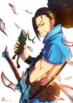  bamboo brown_hair facial_hair grey_eyes highres league_of_legends long_hair looking_at_viewer male_focus midriff mouth_hold profile sheath sheathed sideburns sideways_glance standing stubble sword weapon yasuo_(league_of_legends) zhang_tie_tong 