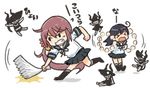  &gt;_&lt; ahoge akebono_(kantai_collection) bell clenched_teeth closed_eyes comic commentary fan flailing flower hair_bell hair_between_eyes hair_flower hair_ornament harisen horns kantai_collection long_hair multiple_girls neckerchief open_mouth otoufu pt_imp_group school_uniform serafuku shinkaisei-kan short_sleeves side_ponytail skirt tail teeth translated truth ushio_(kantai_collection) white_background 