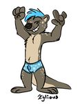  3_toes 4_fingers anthro blue_hair boxers_(clothing) brown_fur clothing eyes_closed fur grin hair male mammal mustelid otter simple_background smile solo standing toes underwear xylious 