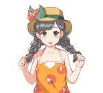  1girl :p bangs bare_arms bare_shoulders black_eyes black_hair blush braid brown_hat closed_mouth collarbone dress flat_chest floral_print flower hat hat_flower holding holding_hair long_hair looking_at_viewer mizuki_(pokemon) orange_dress pokemon pokemon_(game) pokemon_usum red_flower sleeveless sleeveless_dress smile solo sundress swept_bangs tareme tongue tongue_out twin_braids upper_body 