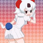  :d brown_eyes checkered checkered_background commentary_request common_raccoon_(kemono_friends) cowboy_shot fang fur_collar gloves kemono_friends koala_ears koala_tail looking_at_viewer looking_back miniskirt open_mouth palcoarai-san_(kemono_friends) parco_(retailer) parcoala pleated_skirt sat-c short_sleeves skirt smile solo v-shaped_eyebrows white_gloves white_hair white_skirt 