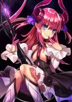  &gt;:) asymmetrical_horns bangs black_skirt blue_eyes blush boots bow breasts closed_mouth detached_sleeves diamond_(shape) dragon_tail elizabeth_bathory_(fate) elizabeth_bathory_(fate)_(all) fate/extra fate/extra_ccc fate/grand_order fate_(series) finger_to_mouth frilled_skirt frills hair_bow high-waist_skirt holding horns knee_boots long_hair long_sleeves looking_at_viewer microphone_stand minami_ikkei no_bra pink_hair pleated_skirt pointy_ears purple_bow shiny shiny_hair simple_background sitting skirt small_breasts smile solo tail v-shaped_eyebrows white_footwear 