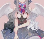 angel_wings bangs bare_shoulders blue_skirt bow breasts brooch corset cowboy_shot dadachyo gradient_hair grey_hair hair_bow head_out_of_frame jewelry lace lace_trim layered_skirt light_smile long_hair multicolored_hair o-ring original ribbon skirt small_breasts solo wings 