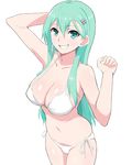  aqua_eyes aqua_hair bikini breasts cleavage cowboy_shot hair_ornament hairclip kantai_collection large_breasts long_hair looking_at_viewer navel shingyo side-tie_bikini simple_background solo standing suzuya_(kantai_collection) swimsuit white_background white_bikini 