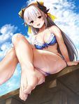  albino arm_support barefoot bikini blue_bikini blue_sky blush bow breasts cleavage cloud cloudy_sky crossed_legs crotch day eyebrows_visible_through_hair fate/grand_order fate_(series) feet foreshortening frill_trim from_below front-tie_bikini front-tie_top hair_bow high_ponytail highres horns ipuu_(el-ane_koubou) kiyohime_(fate/grand_order) kiyohime_(swimsuit_lancer)_(fate) large_breasts long_hair looking_at_viewer looking_down outdoors ponytail red_eyes silver_hair sitting skindentation sky smile solo swimsuit toes wet 