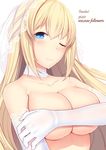  blonde_hair blue_eyes blush breasts bridal_veil collarbone covering covering_breasts daiaru gloves jewelry large_breasts long_hair looking_at_viewer neck_ribbon necklace neptune_(series) no_bra nude one_eye_closed ribbon sidelocks smile solo upper_body veil vert white_background white_gloves 