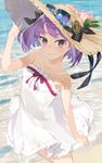  bare_shoulders beach day dress eyewear_on_head eyewear_on_headwear fate/grand_order fate_(series) hat hayashi_kewi helena_blavatsky_(fate/grand_order) looking_at_viewer looking_up ocean purple_eyes purple_hair short_hair smile solo sparkle straw_hat sun_hat sundress sunglasses white_dress 