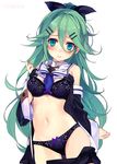  3: aqua_eyes arm_at_side artist_name blue_neckwear blush bow bow_bra bow_panties bra breasts closed_mouth collar commentary cowboy_shot detached_sleeves flipped_hair green_hair hair_between_eyes hair_bow hair_ornament hair_twirling hairclip kantai_collection lace lace-trimmed_bra lace-trimmed_panties lingerie long_hair looking_at_viewer medium_breasts navel neckerchief panties purple_bra purple_panties sailor_collar shirokitsune shirt_lift simple_background skirt skirt_pull smile solo underwear very_long_hair white_background wide_sleeves yamakaze_(kantai_collection) 
