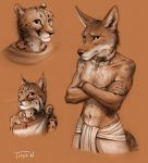  2018 ambiguous_gender anthro black_fur brown_fur canine chain cheetah clothed clothing collar coyote ear_piercing egyptian_clothing feline fur grumpy jewelry loincloth looking_at_viewer lynx male mammal navel necklace piercing scar scarf shendyt signature simple_background smile titusw topless white_fur yellow_eyes 